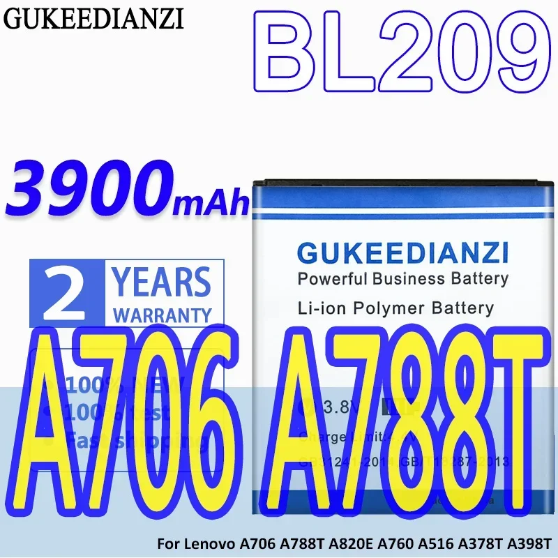 

BL209 BL 209 3900mAh High Capacity GUKEEDIANZI Battery For Lenovo A706 A788T A820E A760 A516 A378T A398T Replacement Bateria