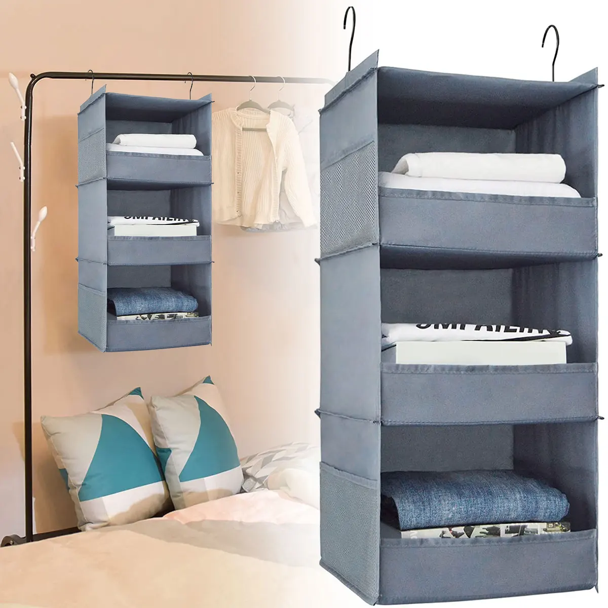 Organizador de armario colgante de 3/4 niveles, estantes colgantes plegables  con bolsillo lateral, resistentes y duraderos - AliExpress