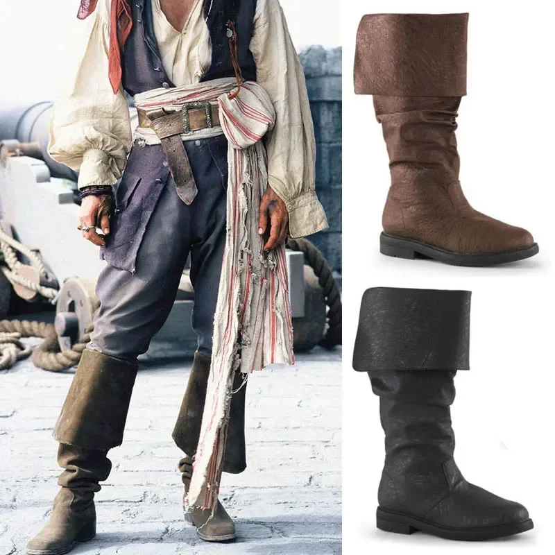 

Medieval Viking Larp Pirate Men Boots Nordic Jackboot Renaissance Retro Steampunk Gothic Shoes Robin Costume Leather Haddock