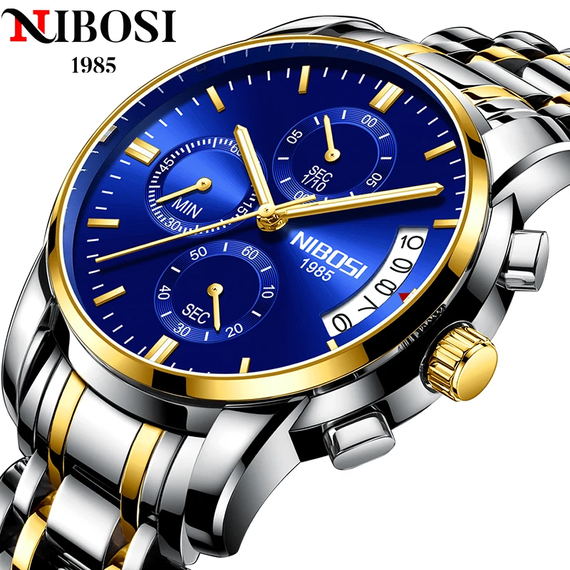 

NIBOSI Top Brand Luxury Mens Watches Luminous Waterproof Stainless Steel Watch Quartz Men Date Calendar Business Wristwatch