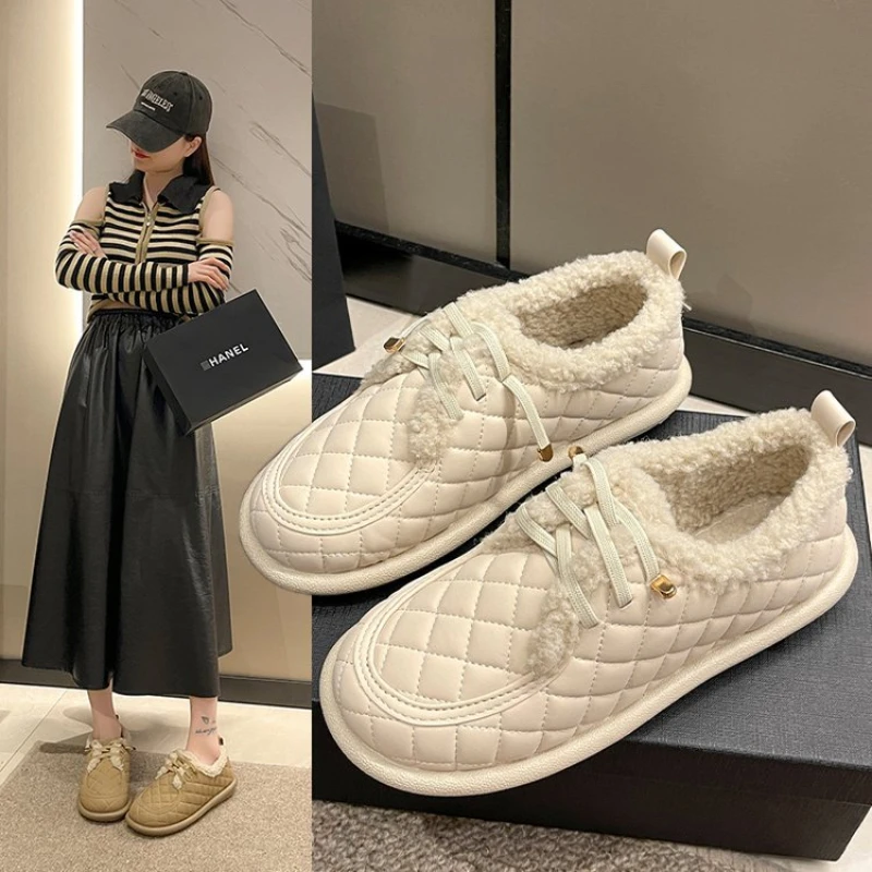 Women's Casual Shoes Round Head Flat Short Plush Inside 2023 Winter New Warm Korean Women's Shoes Zapatos Para Mujeres 36-40