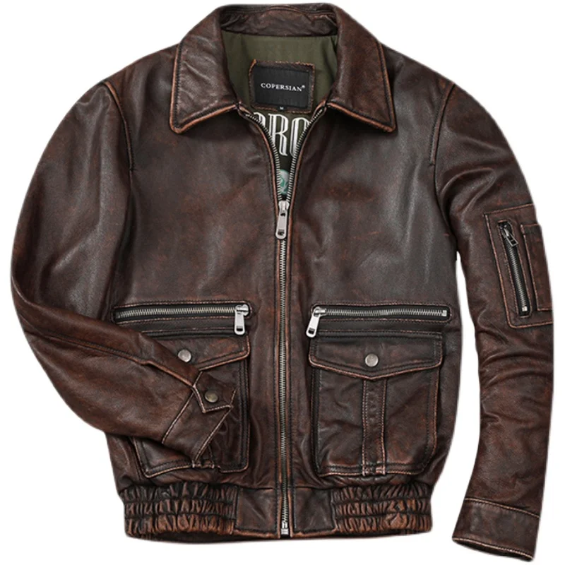 Men Stone Distressed Genuine Leather Jacket Top Layer Cowhide Air Force Flight Vintage Fashion Redbrown