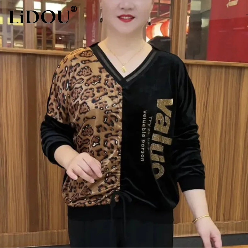 

Spring Autumn 5XL V-neck Leopard Patchwork Diamonds T-shirt Top Women Long Sleeve Loose Casual Stretch All-match Pullover Tees