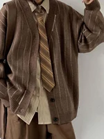 Retro Japanese Sle Striped Knit Cardigan Sweater V-Ne Long Sve Men's Faion Urban Youth Spring Autumn Wear