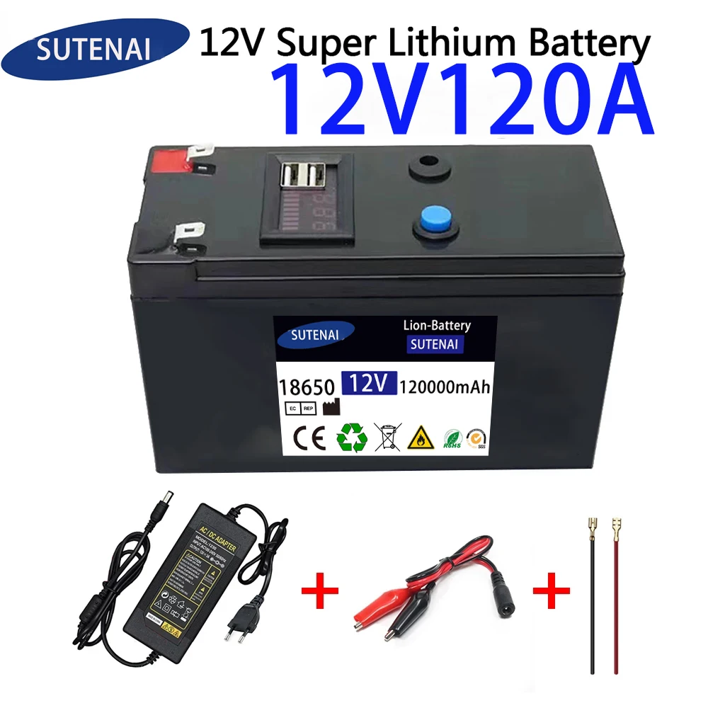 

12V Battery 120Ah 18650 lithium battery pack Rechargeable battery for solar energy electric vehicle battery+12.6v3A charger
