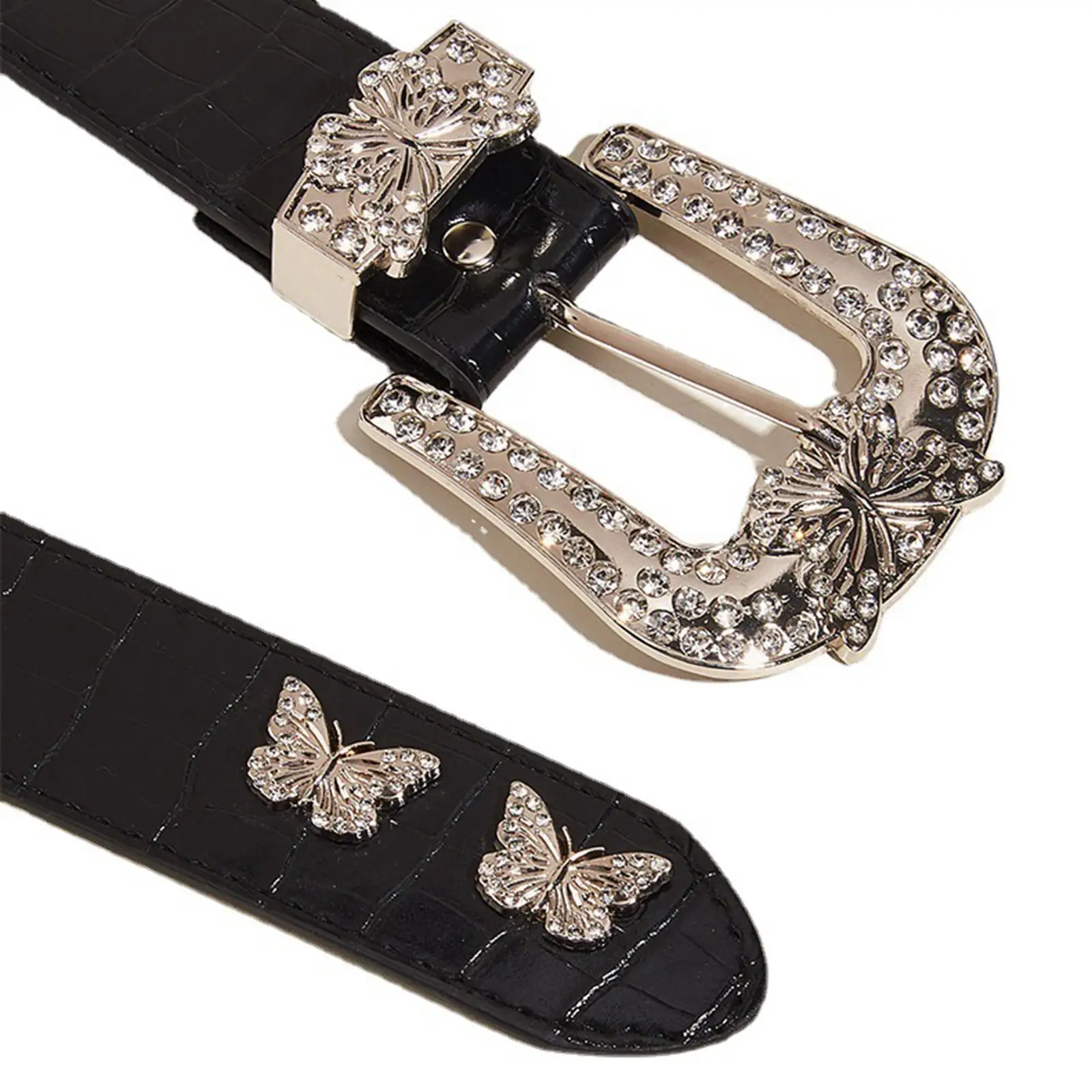 

Women Leather Belt Prong Buckle 3.8cm Width Wide Waist Belt Butterfly Decoration Adjustable Metal Jean Belt