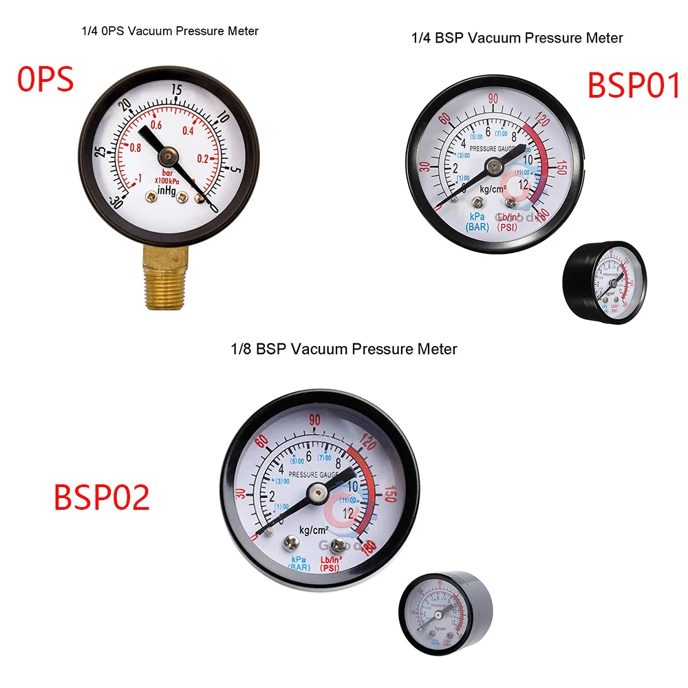 Pressure Gauge 1/4"NPT-30HG/0PS Vacuum Pressure Gauge Vacuum Manometer Mini Dial Dual Scale Dial