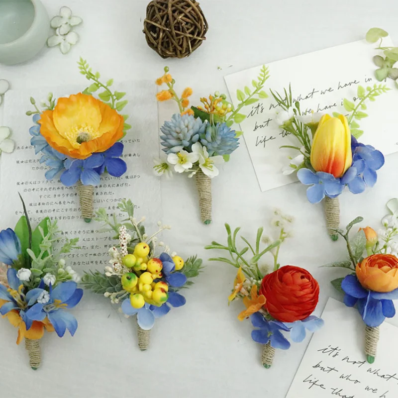 Orange Blue Artifical Flowers Boutonnieres Wrist Corsage Bridesmaid Party Accessories Marriage Wedding