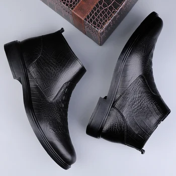 Genuine Leather Men Ankle Boots Casual Shoes Western Cowboy Boots Black Lace Up Wedding Office Dress Boots Men Business Shoes 2