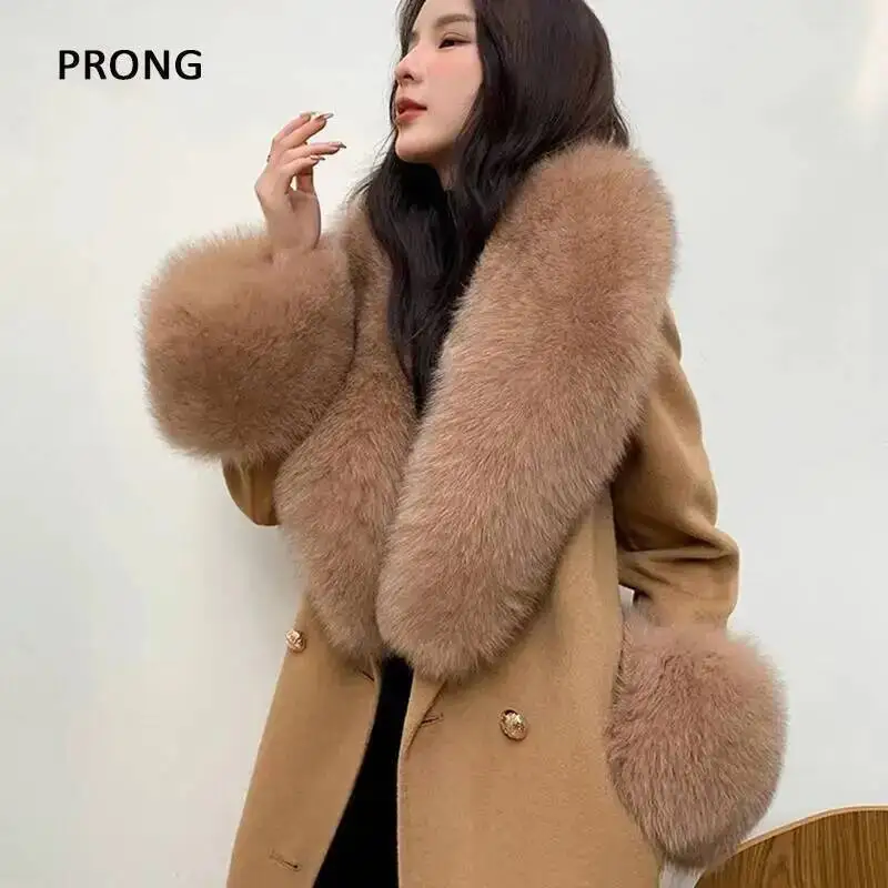 Real Fox Fur Collar Scarves Cuff Set Luxury Winter Warm Scarves Shawl Cuffs Match Overcoats Accessory Fur Scarf Cuffs One Set