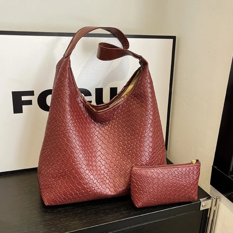 Women's Retro Artificial Leather Woven Pattern Shoulder Bag,Large Capacity Tote Bag,Casual Armpit Bag, Large Tote Bag,Daily Work