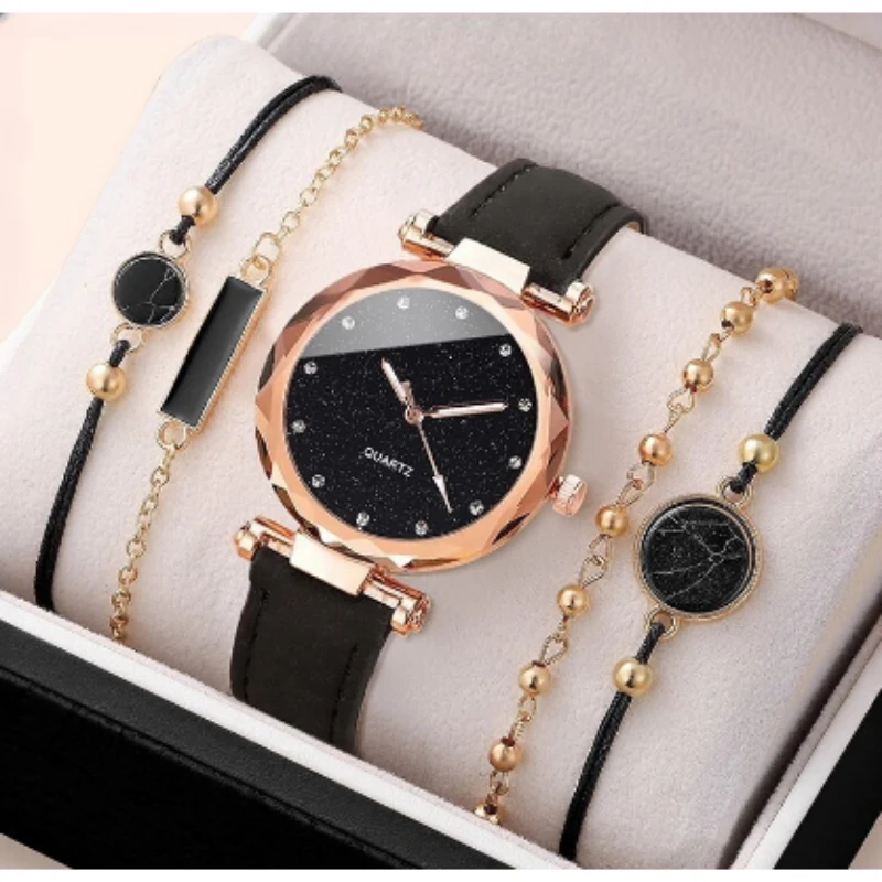 

Kegllect 4PCS Women's New Fashion Starry Sky Diamond Dial Watch Frosted Strap Quartz Watches Bracelet Set NO BOX