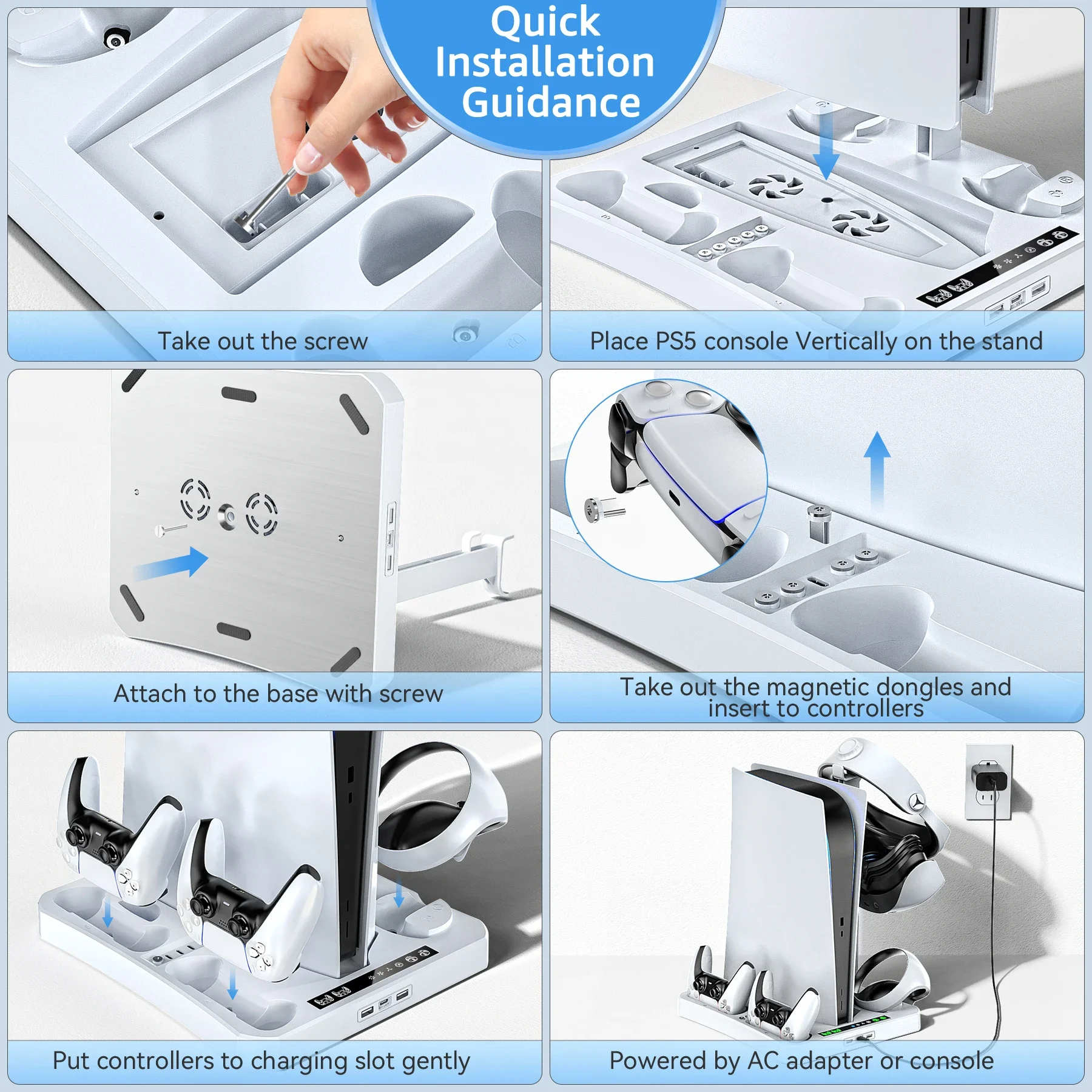 FOR PS5 & PS VR2 Charging Station with AC Adapter and 3-Level Cooling Fan for PS5 & PSVR 2 Controller Charger Dock Station