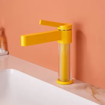 สีเหลืองห้องน้ําอ่างล้างหน้าก๊อกน้ําอะคริลิคทองเหลืองเย็นน้ําร้อนอ่างล้างจาน TAP 1