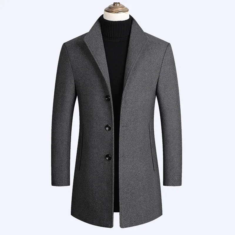 

2021 Winter New Fashion Black High-Quality Brand Wool Coat Casual Slim Long Cotton Coats Collar Trench Coat Men's Wool Jacket