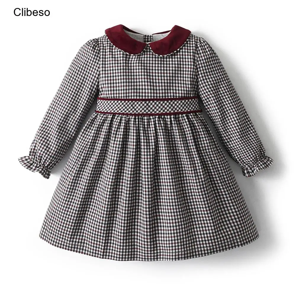 

Clibeso Girl Dresses Brands Children Vintage Plaid Autumn Dress Infants Designer Printed Cotton Frocks Kids Clothes Outfit