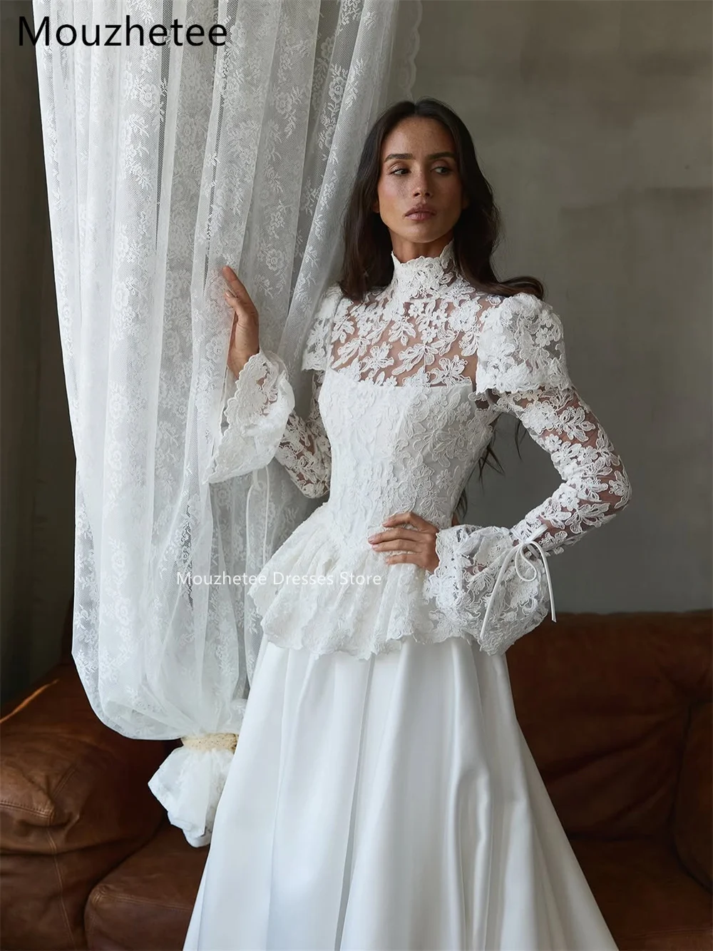 Mouzhetee A-Line Elegant O-Neck Lace Pleat Wedding Dresses Simple Long Sleeve Brides Gown Custom Made 2026