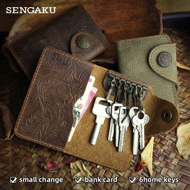 Retro Genuine Leather Key Holder Bag Handmade Genuine Leather Housekeeper Keys Ring Card Slot Case Keychain Organizer