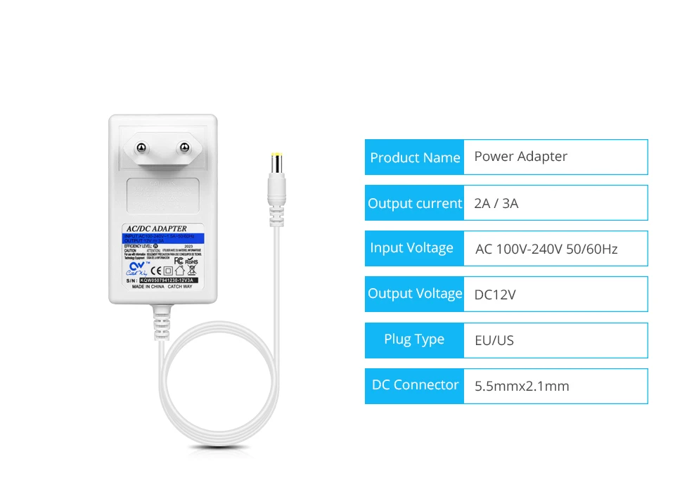 Description Picture 3 of itemDC 12V 1A 2A 3A Power Supply White Cover Transformer Switch Power Adapter for LED String LED Strip Light Bar Light LED Driver