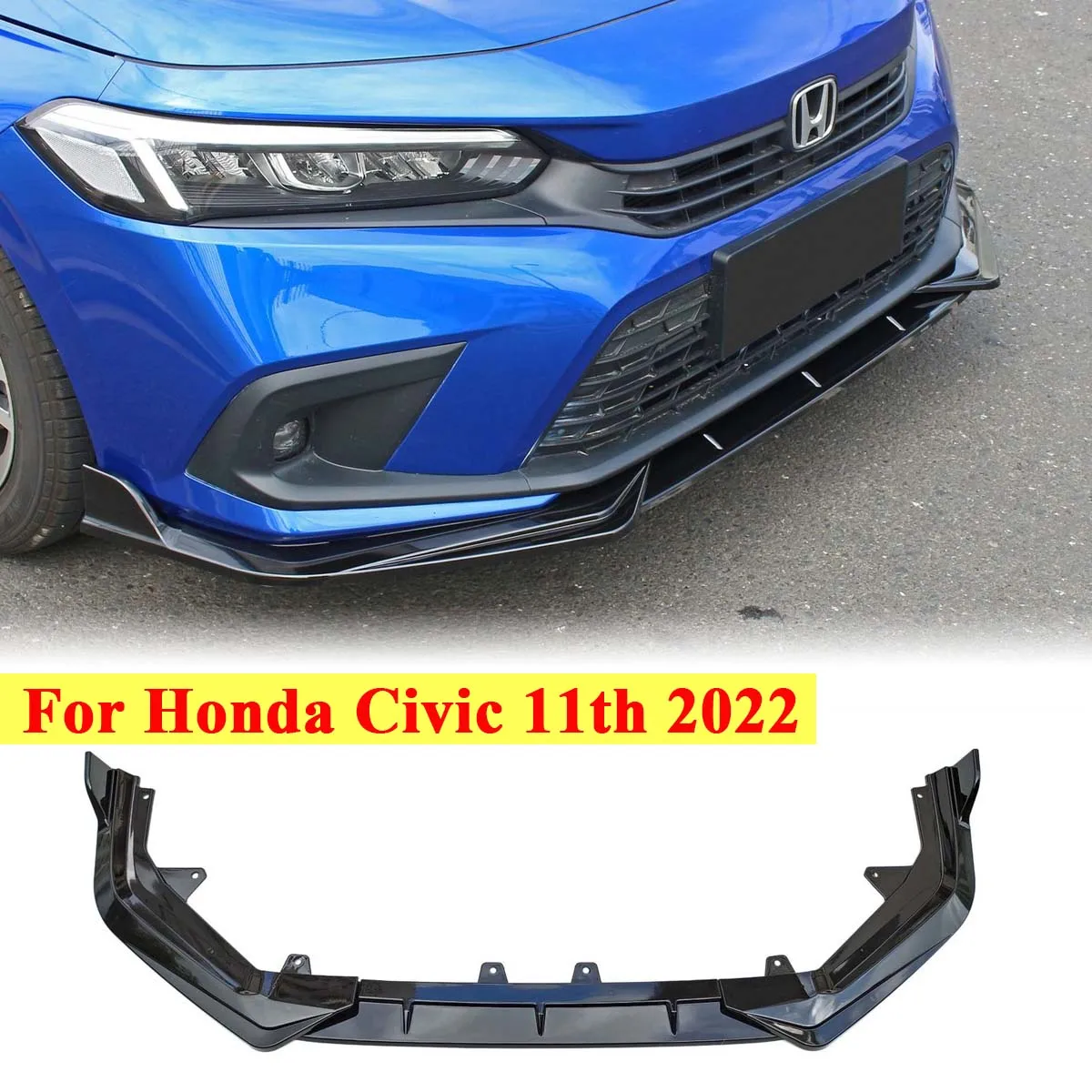 Front Lip Splitter For 2022 2023 11th Honda Civic Sedan Front Bumper Chin Lip Spoiler Body Kit Spoiler Glossy Black ABS 