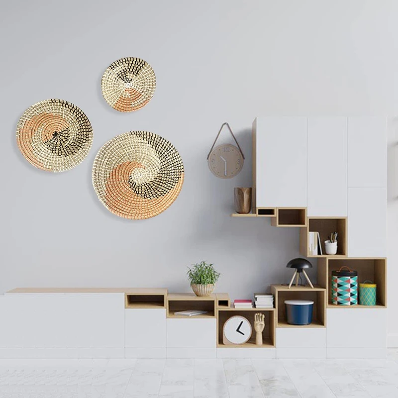 

3 Set Of Wall Decor Seaweed Baskets Woven Seagrass Hanging Flat Baskets Ornament Boho Round Baskets For Wall Decoration