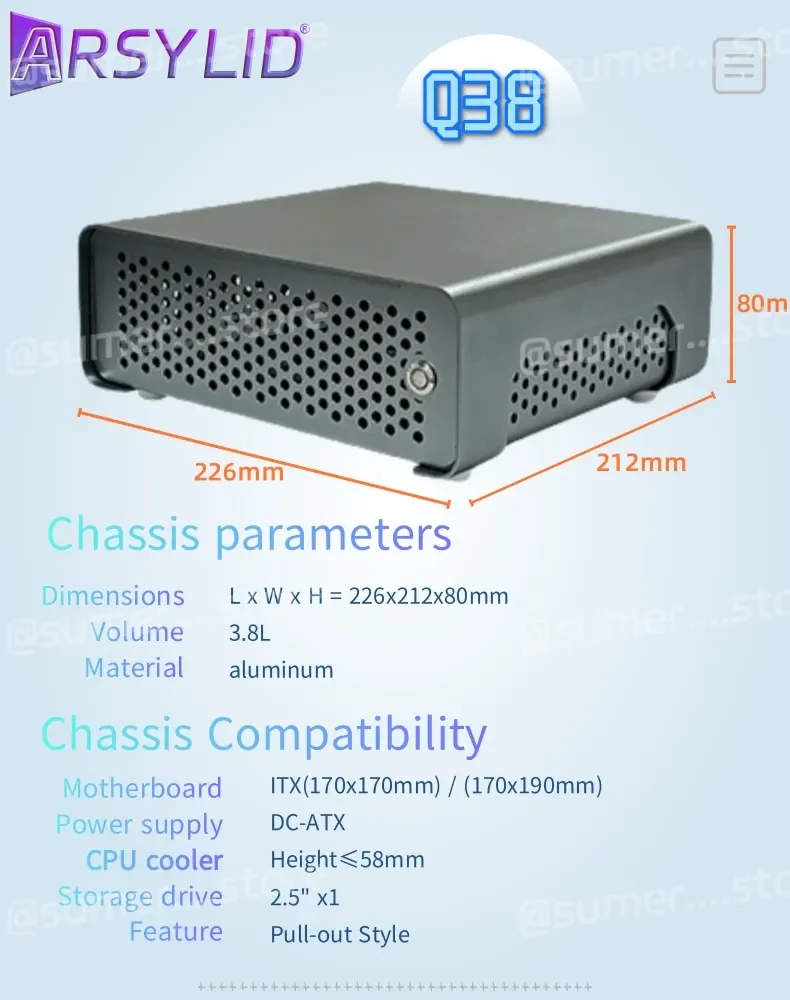 ARSYLID Q38 ITX Aluminum Chassis Pull-Out Style Mini Case 58mm CPU Radiator
