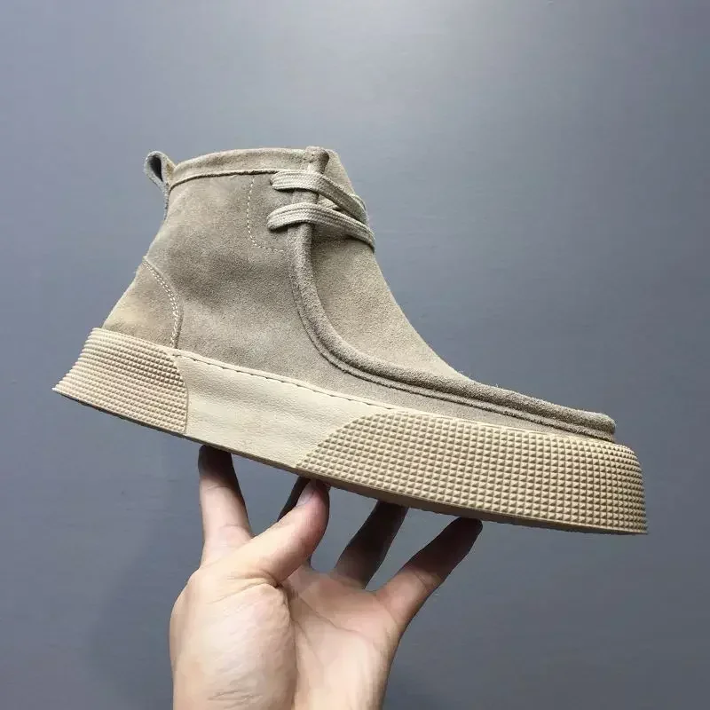 Men Retro Leather Shoes Thick Sole Mid Top Couple Casual Short Boots Autumn/Winter Men's Ankle Boots Thick Sole Desert