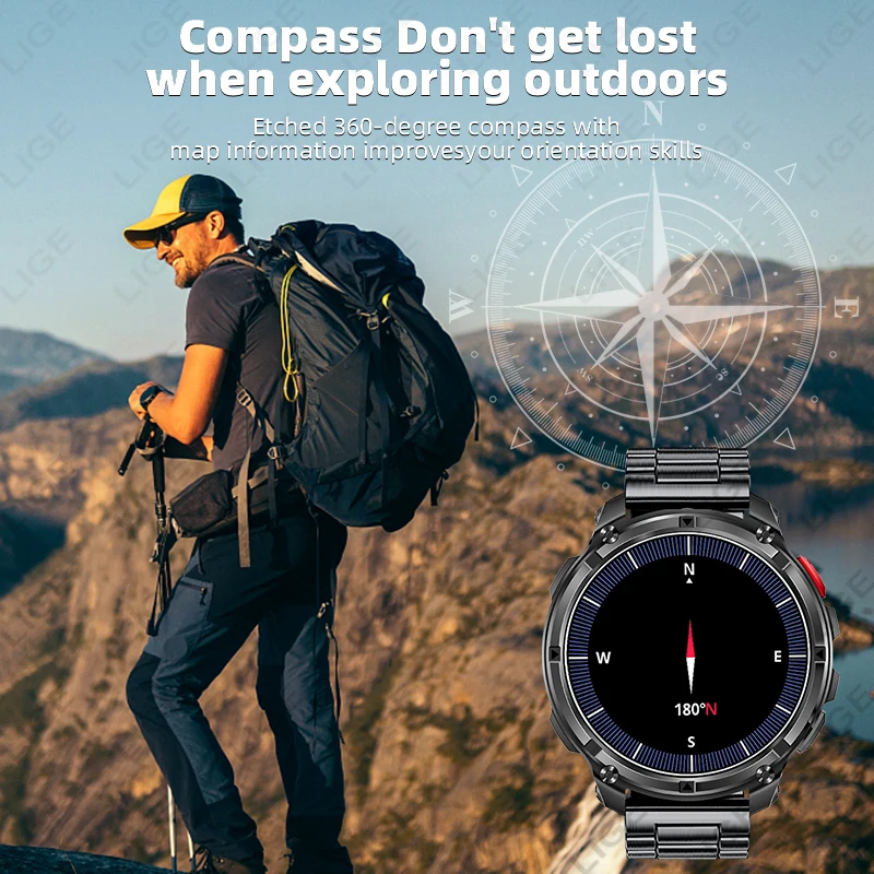 LIGE 1100mAh Large Battery Smartwatch LED Light Compass Men Outdoor Sport Watch Voice Assistant Wireless Call 1.7" HD Wristwatch