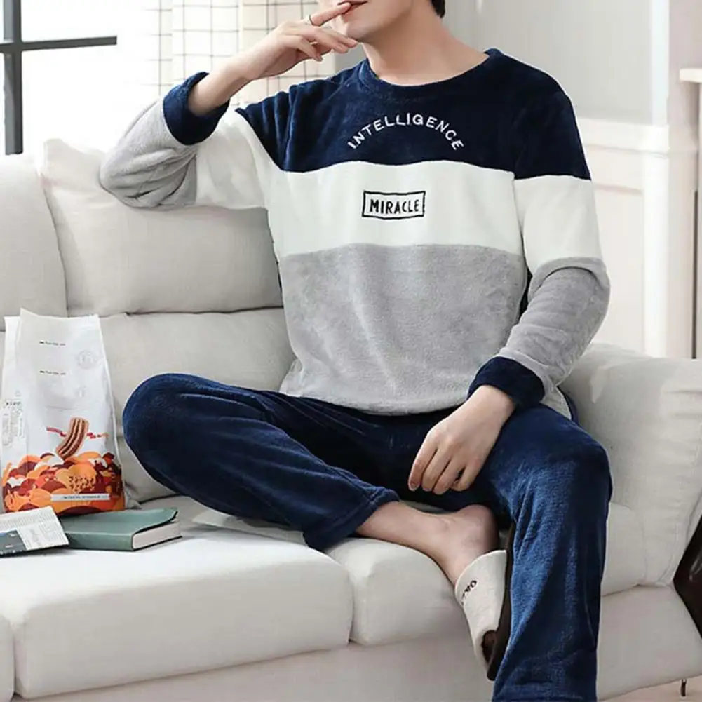 Men Sleepwear Suit Loose Pullover Round Neck Pajama Sets Thick Soft Flannel Pajama Sets 2 Pcs/Set man pajamas set flannel pajamas set