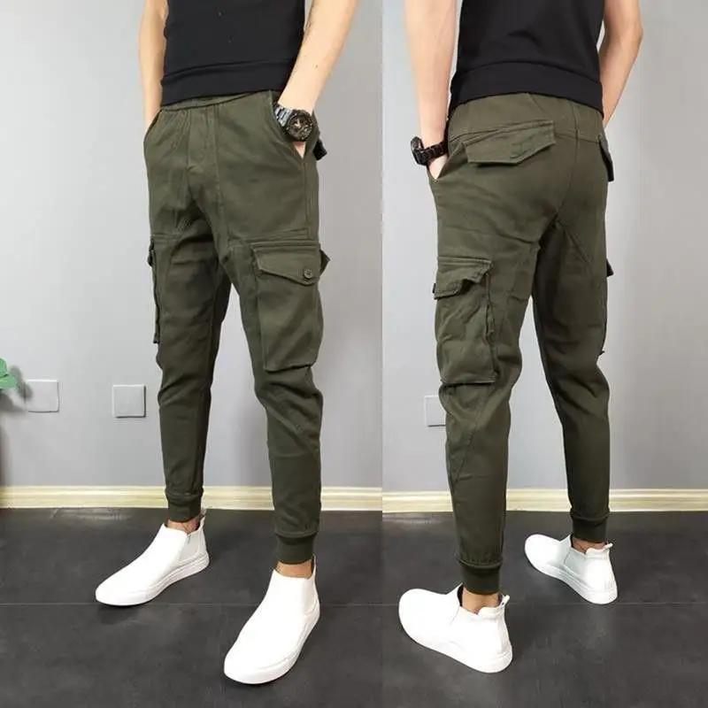 Spring Autumn New Solid Color Fashion Elastic Waist Cargo Pants Man High Street Pure Cotton Pocket Patchwork Drawstring Trousers