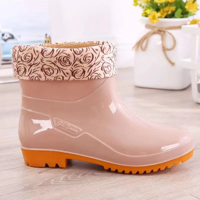 Women's Four Seasons High Top Rain Shoes Anti-Skid Fashionable And Waterproof Wave Point Rain Boots Plush Warm Rain Shoes