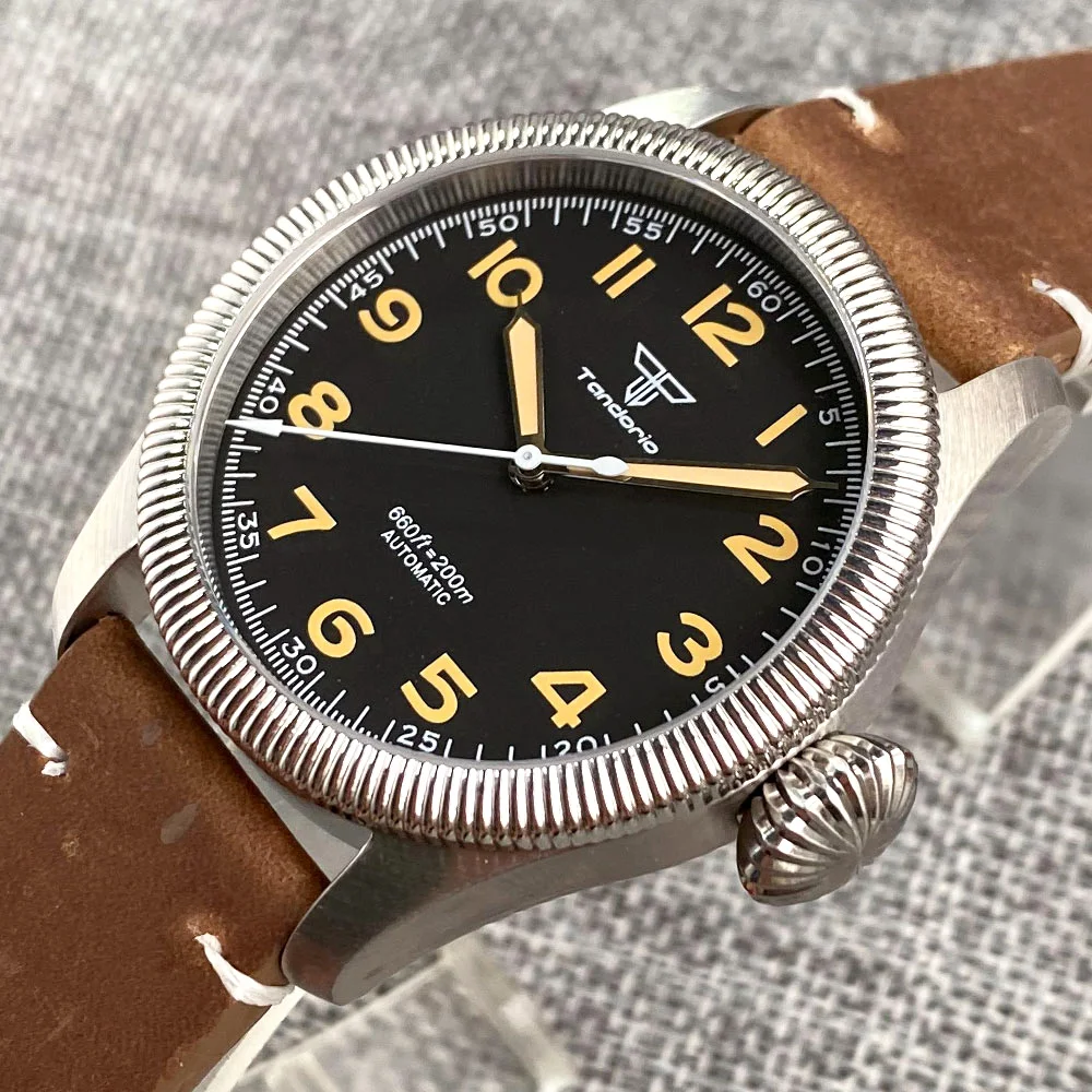 Tandorio Pilot Vintage 20bar Waterproof Steel Automatic Watches Men Sport Clock Japan NH35 Orange Numbers Big Crown Montre Homme