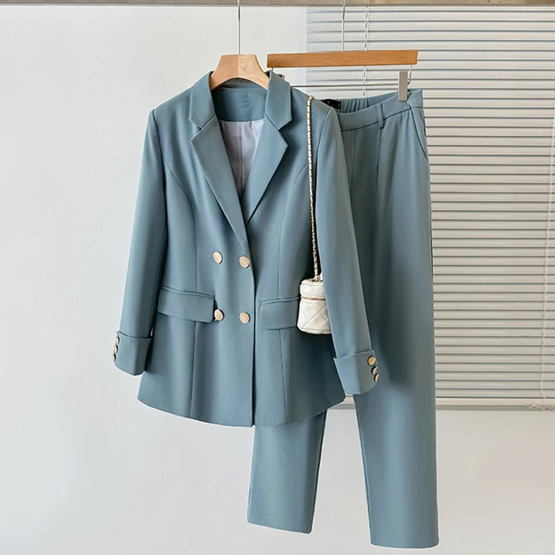 

Baby blue High Quality Autumn Winter Formal Ladies Blazer Women Business Suits Work Wear Office Uniform Pants Jacket Sets cloth