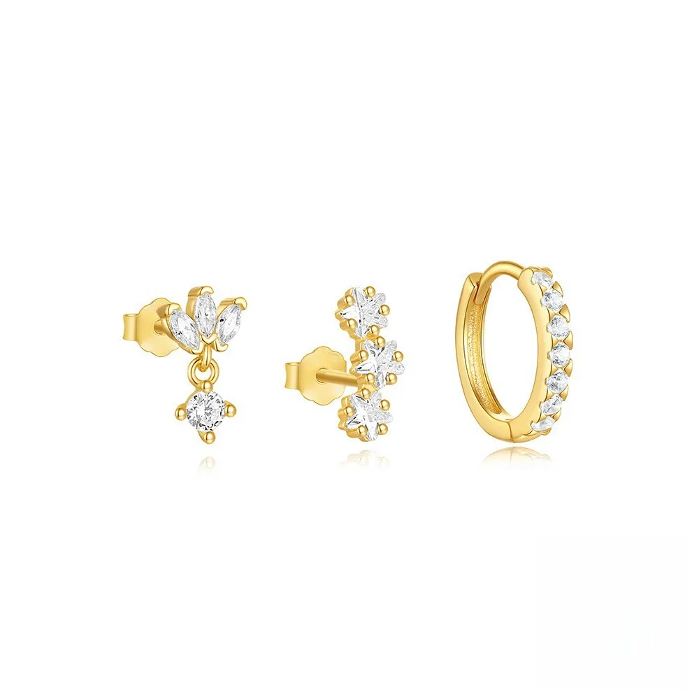 3PCS Luxury Star Pendant Piercing Earrings Set Women Stainless Steel Zircon Punk Ear Studs Lady Jewelry