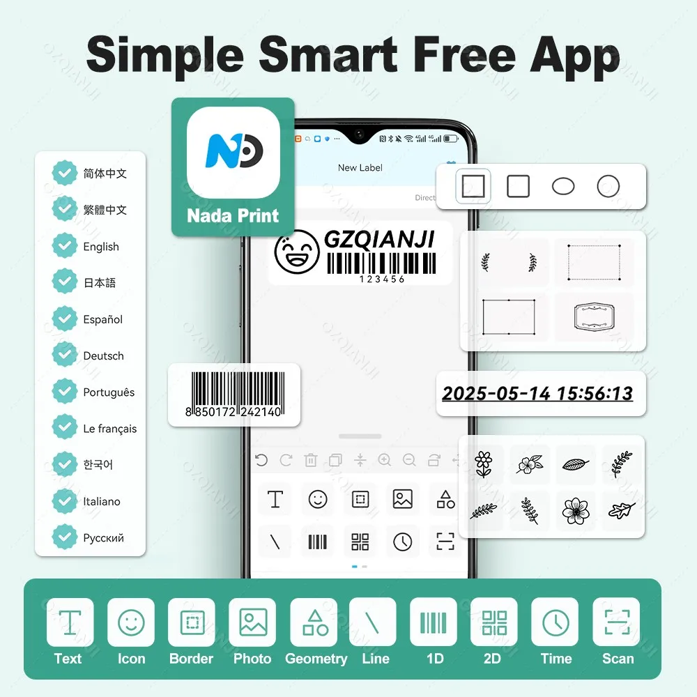 GZQIANJI N12 Mini Thermal Label Printer Portable Bluetooth Sticker Maker Wireless Sticker Machine Inkless Labeller Paper Rolls