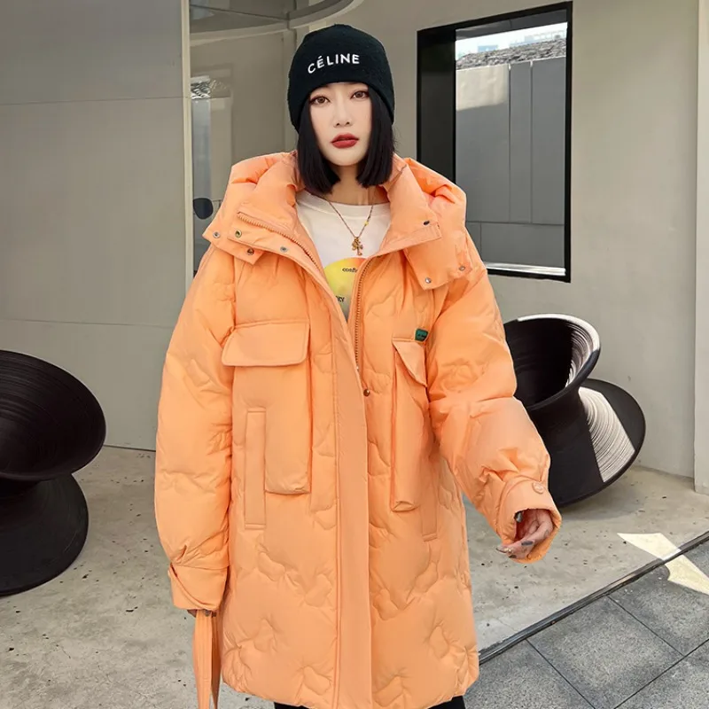 2023 New Women Down Jacket Winter Coat Female Mid Length Version Parkas Loose Thick Warm Outwear Hooded Fashion Overcoat molan thick lamb cashmere overcoat woman patchwork denim jacket fashion warm 2021 new winter coat female chic high outwear