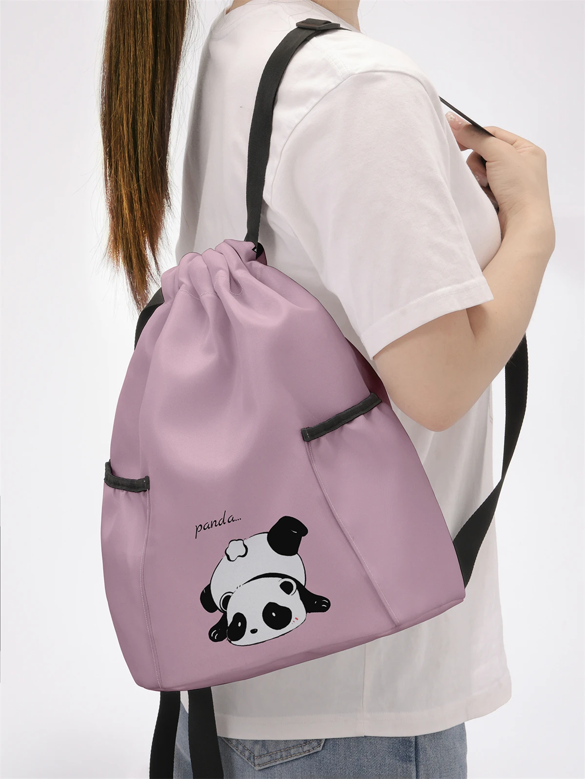 Panda Pattern Drawstring Backpack - Large Capacity Durable Fitness Bag, Adjustable Shoulder Strap, Sports Beach Backpack