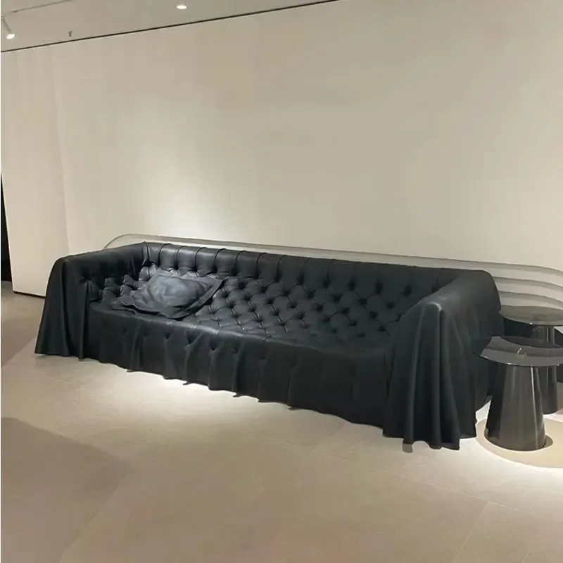 

High-End Villa Living Room Italian Designer Personality Simple Black Pull Buckle Long Skirt Soft Large Sofa