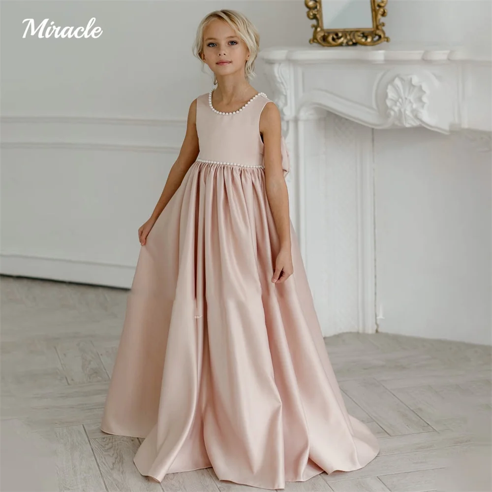 

Sexy A-Line Girls Dresses Beautiful Bridesmaid Kids Sleeveless O Neck Lace New Bow Pearls Beading 2023 Summer Wedding Dresses