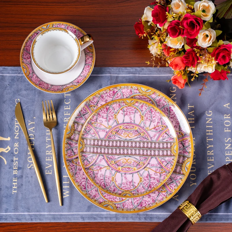 Ceramic tableware set, American style plate, pink coffee cups and saucers, Palace fashion, dining set, home and restaurant use
