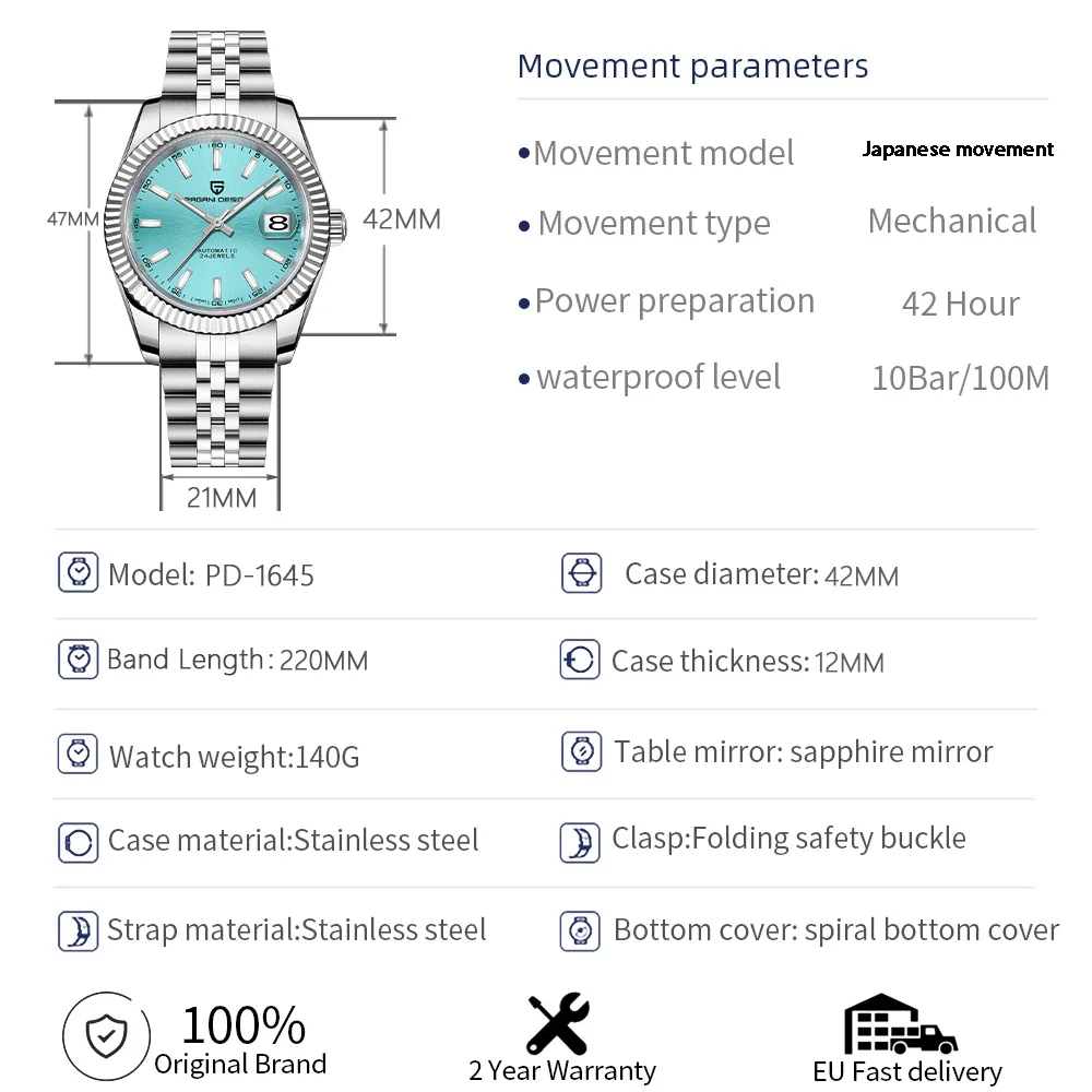 PAGANI DESIGN DD42 Mechanische Automatikuhr Saphirglas Silber Jubilee Uhrenarmband Luxus Sportuhren für Herren PD-1645 – Detail 1