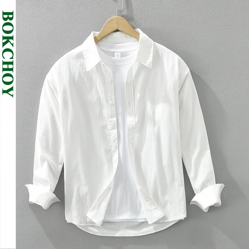 

2024 Spring New Vintage Solid Color Long Sleeve Shirts for Men Clothing Casual Simple Fresh Turn-down Collar Soft CM7212