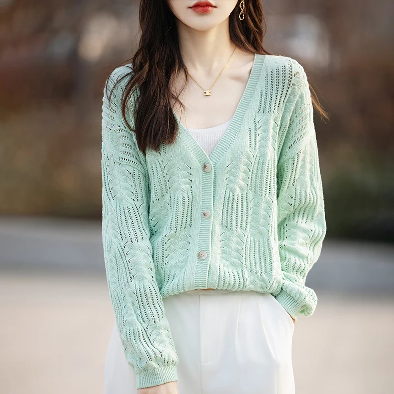여성용 캐주얼 가디건, 단색 니트 코튼 스웨터, V넥 싱글 브레스트 여성 상의, 할로우 블라우스, 용수철 가을 신상
