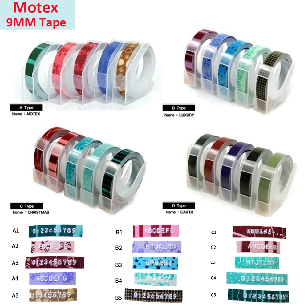DIY 모텍스 3D 엠보싱 라벨 테이프, Dymo 1880 12965 리본 프린터 타자기, MOTEX E101 E202 용 리필 테이프, 15 색, 9mm x 3m