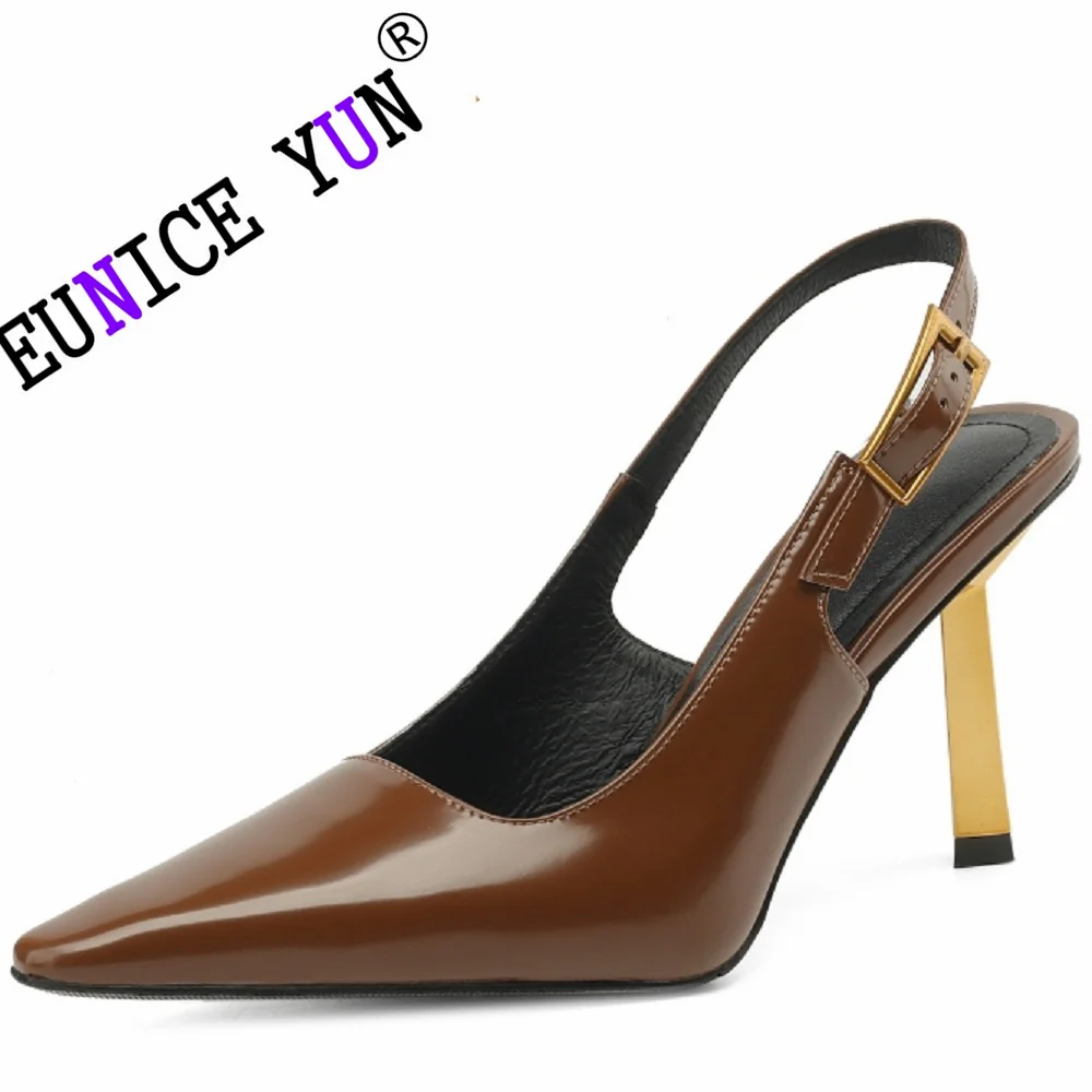 

【EUNICE YUN】New Pointed Shallow Mouth Lacquer Leather Single Shoes Thin High Heels Banquet Dress Large Size Women's Sandal 34-40
