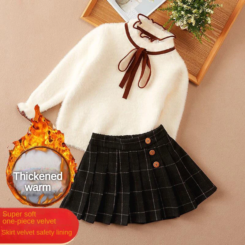

Autumn And Winter Velvet Thickened Two-piece Warm Long Sleeve Solid Color Children's Suit Girls' Sweater Skirt Suit