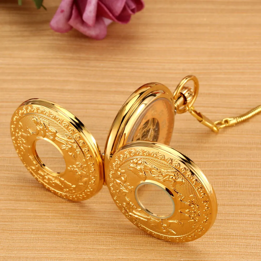 Gift Box Automatic Men's Mechanical Pocket Watch Gold Copper Double Sides Cover Fob Chain Antique Self Winding Timepiece Male