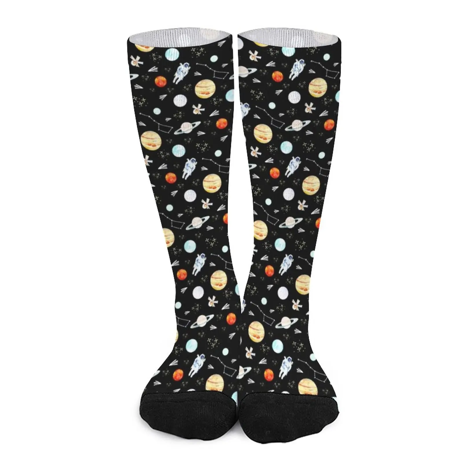Outer Space Adventure Pattern - Black Socks Stockings compression Cartoon characters socks non-slip soccer stockings hip hop