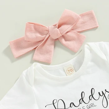 Baby Girl 3Pcs Father's Day Clothing Short Sleeve Round Neck Letters Print Bodysuit Tops Skirt Head Band 4