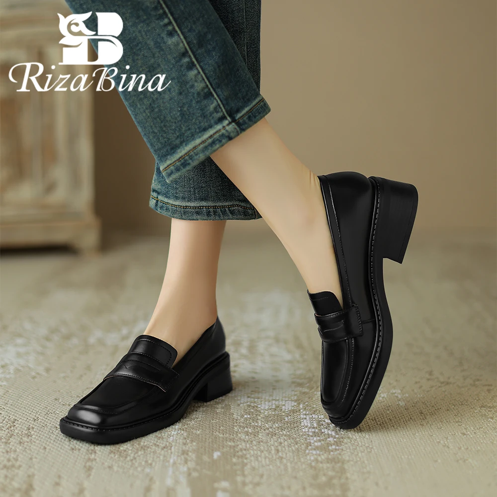 

RIZABINA Size 34-40 Women Casual Loafers Real Leather Round Toe Thick Bottom Casual Shoes Lady Comfortable Slip On Daiy Footwear